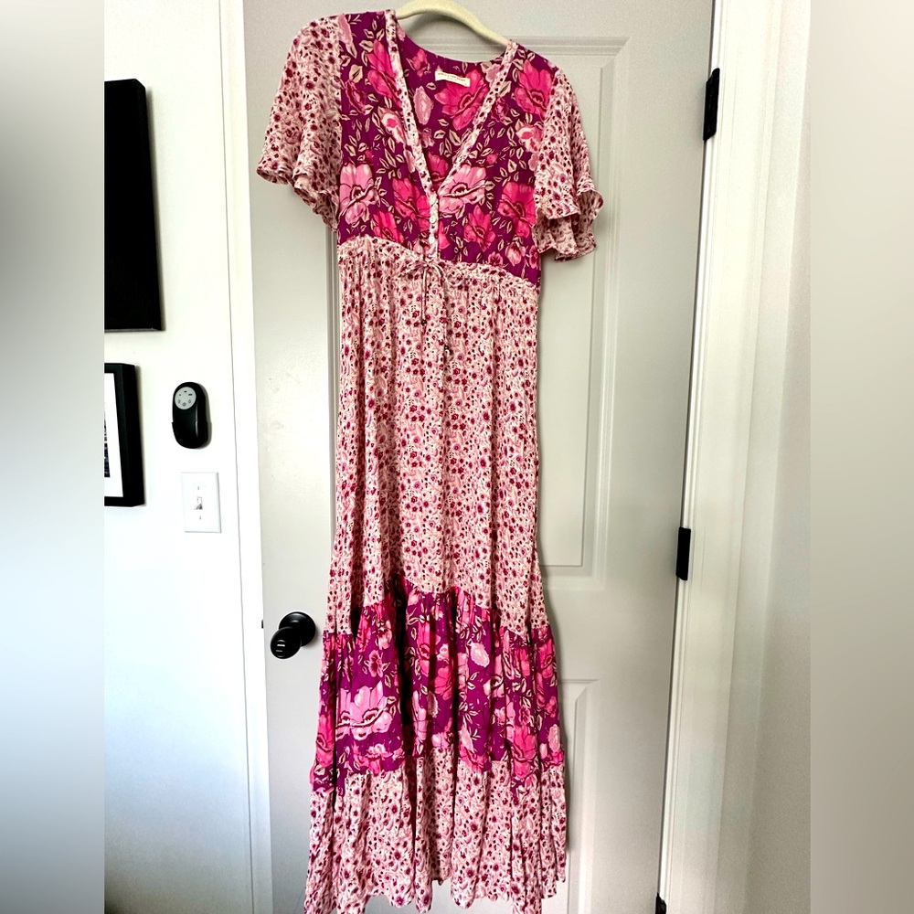 Spell Designs Maxi pink flower gold thread Dress XS
